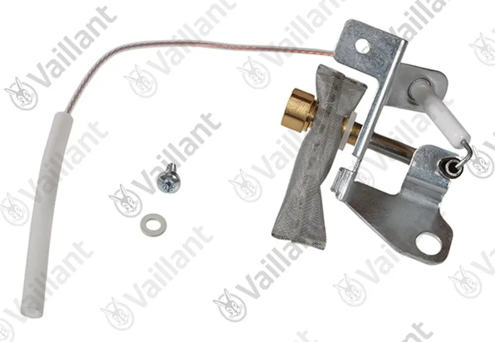 Vaillant Zündbrenner mit mehrfachen Metall- und keramischen Komponenten, einer Verbindung und einem kugelsicheren Verschluss, ergänzt durch eine Schraube und eine Unterlegscheibe.
